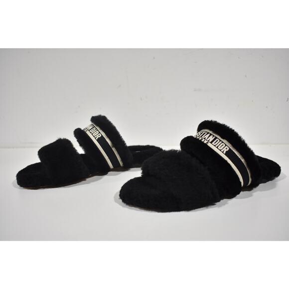 Christian Dior Chez Moi Black Shearling Fur White Logo Slide Flat Sandal 37.5 - Picture 6 of 8